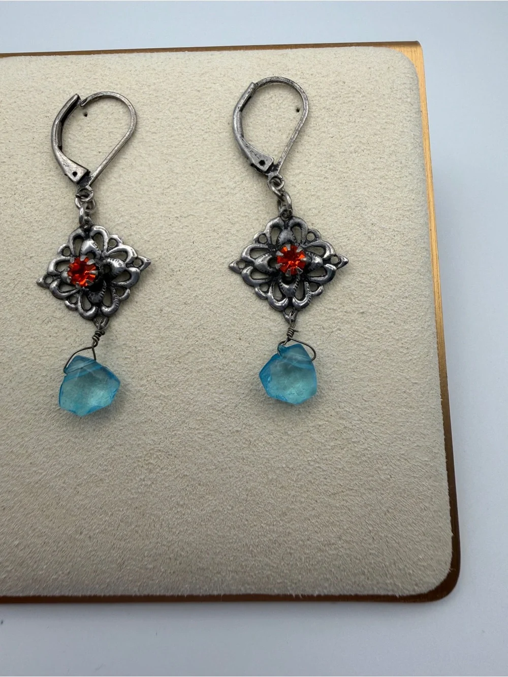 Vintage Style Filigree Drop Earrings with Red Crystals & Aqua Blue Dangles - Picture 4 of 7